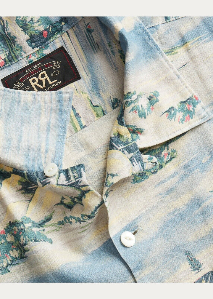 New RRL Ralph Lauren Western Cotton Linen Blend Print Camp Shirt Men's Small S