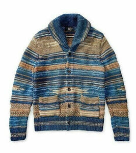 New RRL Ralph Lauren Blue Hand-Knit Brown Shawl Cardigan Sweater Men's XXL 2XL