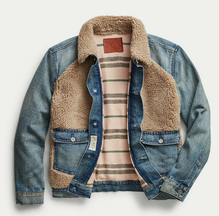 RRL Ralph Lauren Fleece Grizzly Shearling Trucker Denim Jacket Men's 2XL XXL