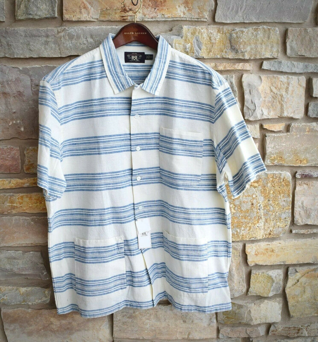 RRL Ralph Lauren 1940's Striped Linen White Blue Camp Shirt Men's 2XL XXL