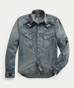 RRL Double Ralph Lauren Embroidered Denim Repaired Western Shirt Men's Large L