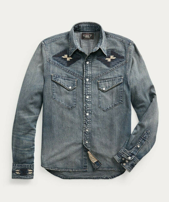 RRL Double Ralph Lauren Embroidered Denim Repaired Western Shirt Men's Large L