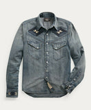 RRL Double Ralph Lauren Embroidered Denim Repaired Western Shirt Men's Large L