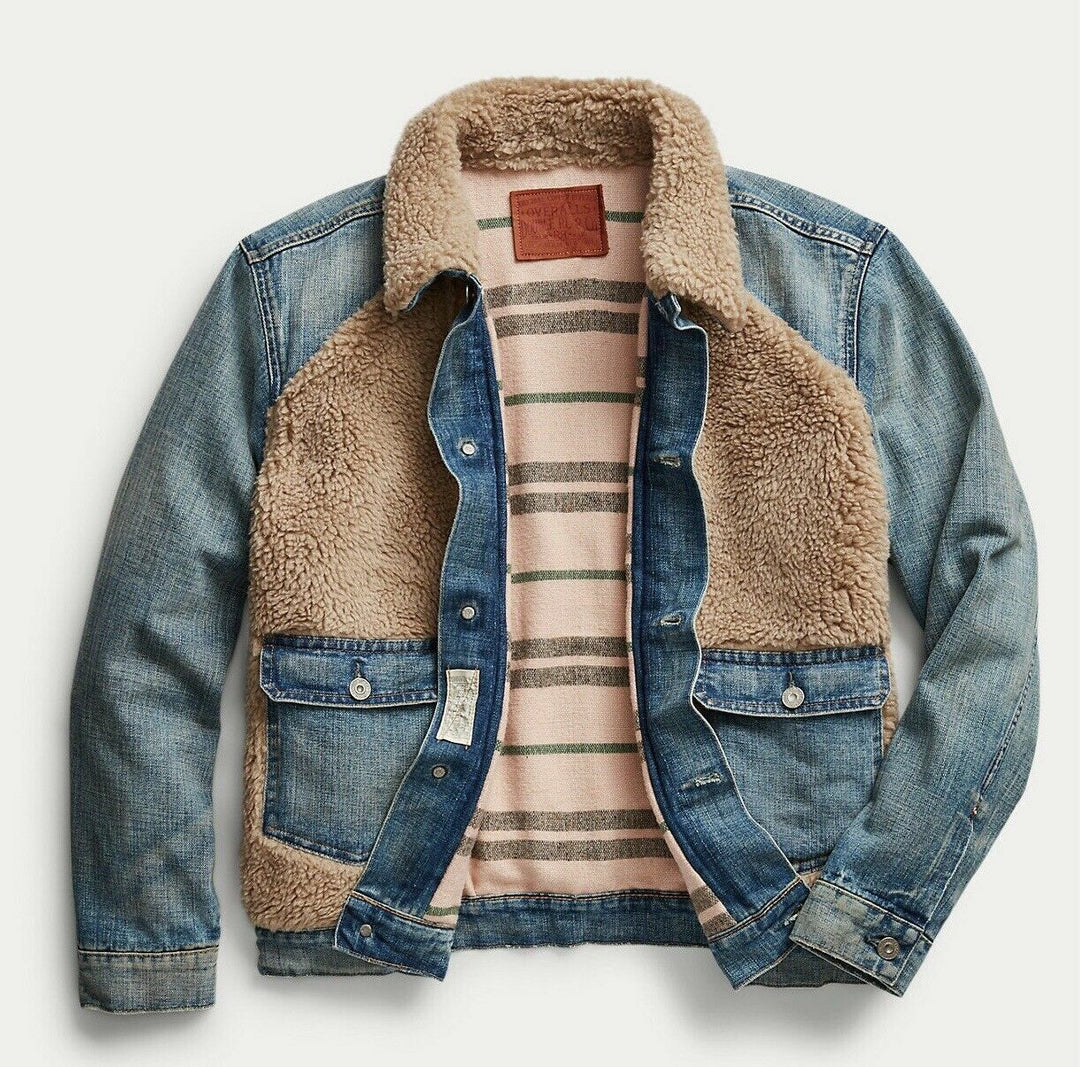 RRL Ralph Lauren Fleece Grizzly Shearling Trucker Denim Jacket Mens Large L