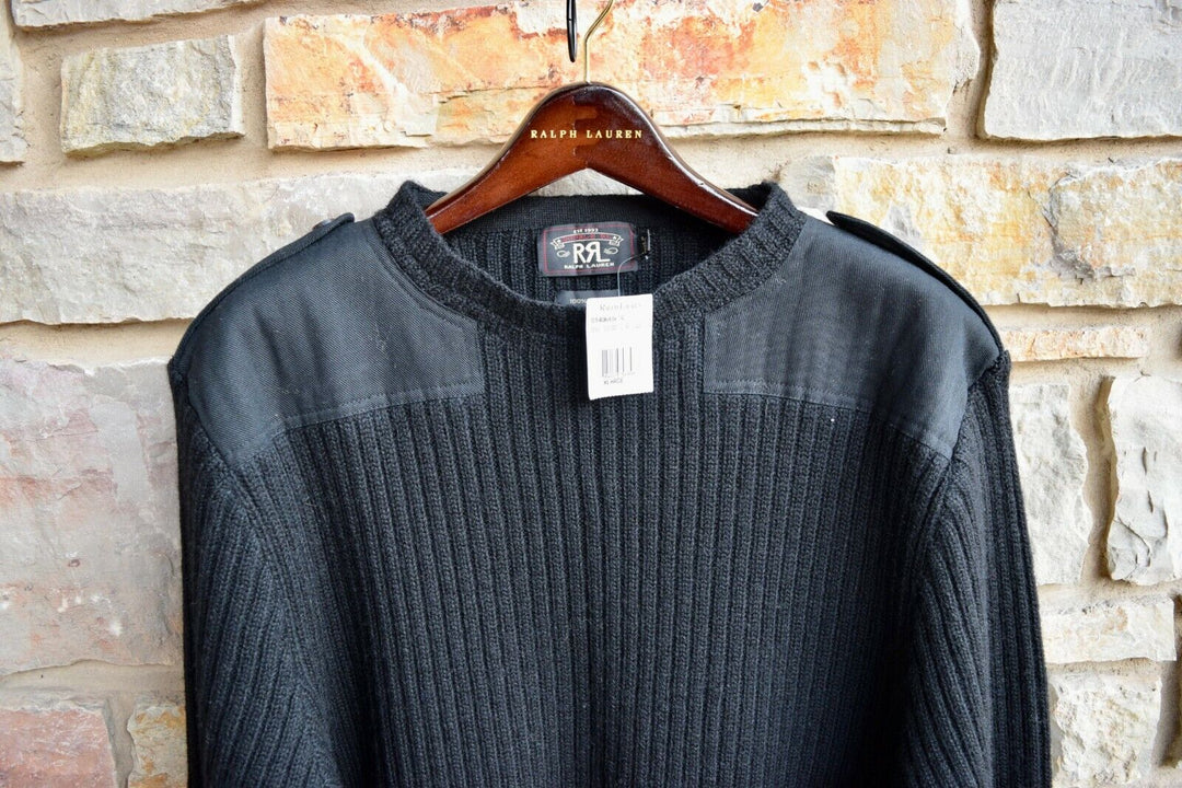 New RRL Ralph Lauren Black Thick Wool Ribbed Commando Men's XL Extra-Large