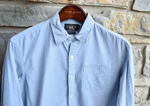 RRL Ralph Lauren Blue Shirt Cotton Button Polka Dot Shirt Fit Men's Medium M