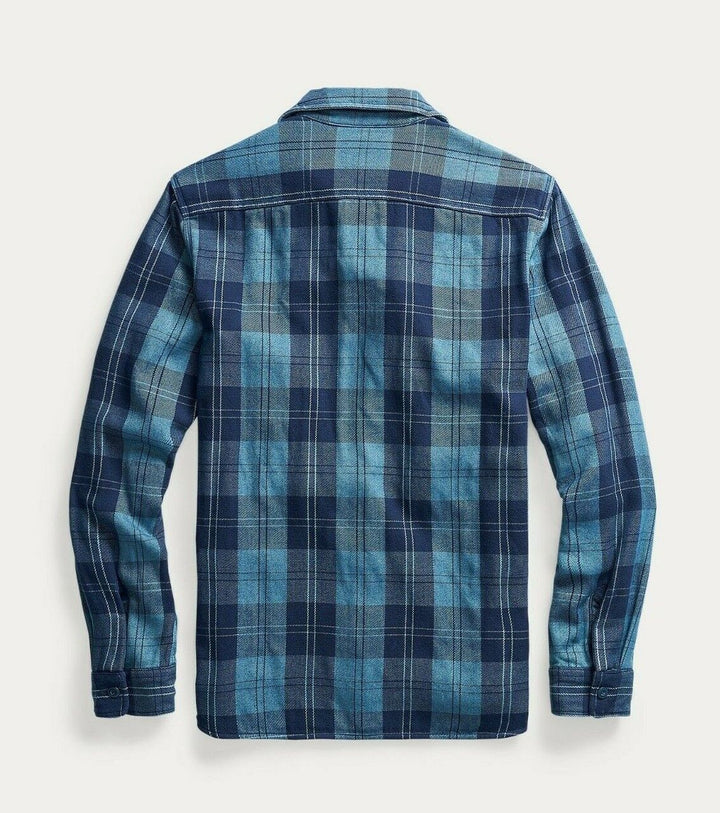 RRL Ralph Lauren Plaid Indigo Blue Lined Workshirt Men's Small S Flannel