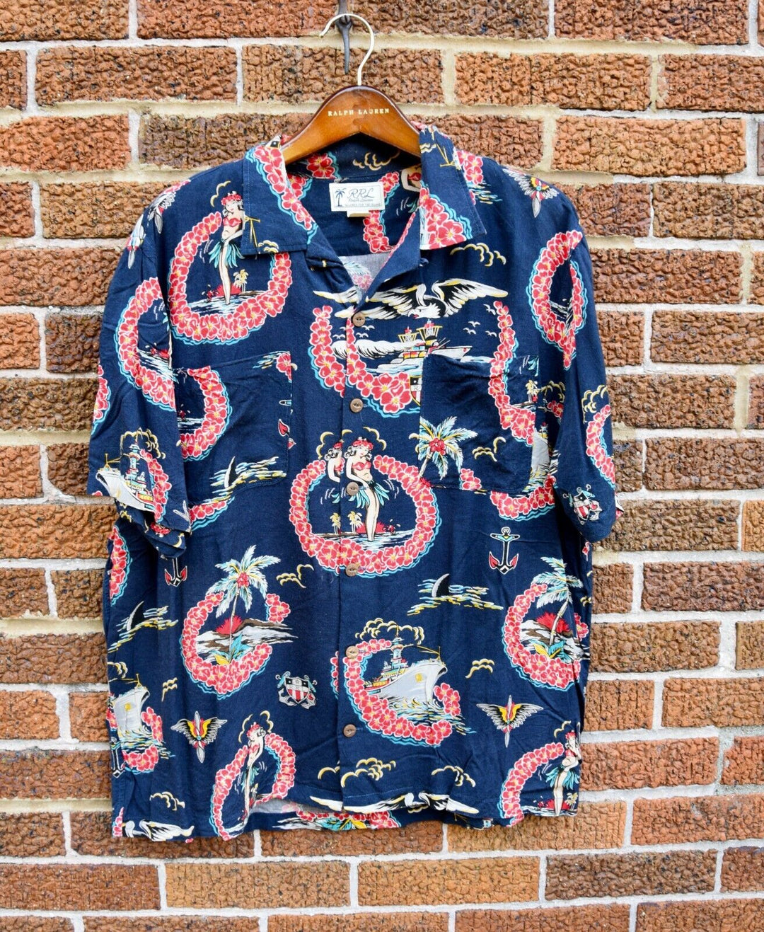 RRL Ralph Lauren 1930's Tropical Blue Hawaiian Camp Navy Shirt XL Extra-Large