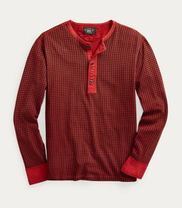 RRL Ralph Lauren Houndstooth Jersey Henley Red Black Shirt Men's S Small