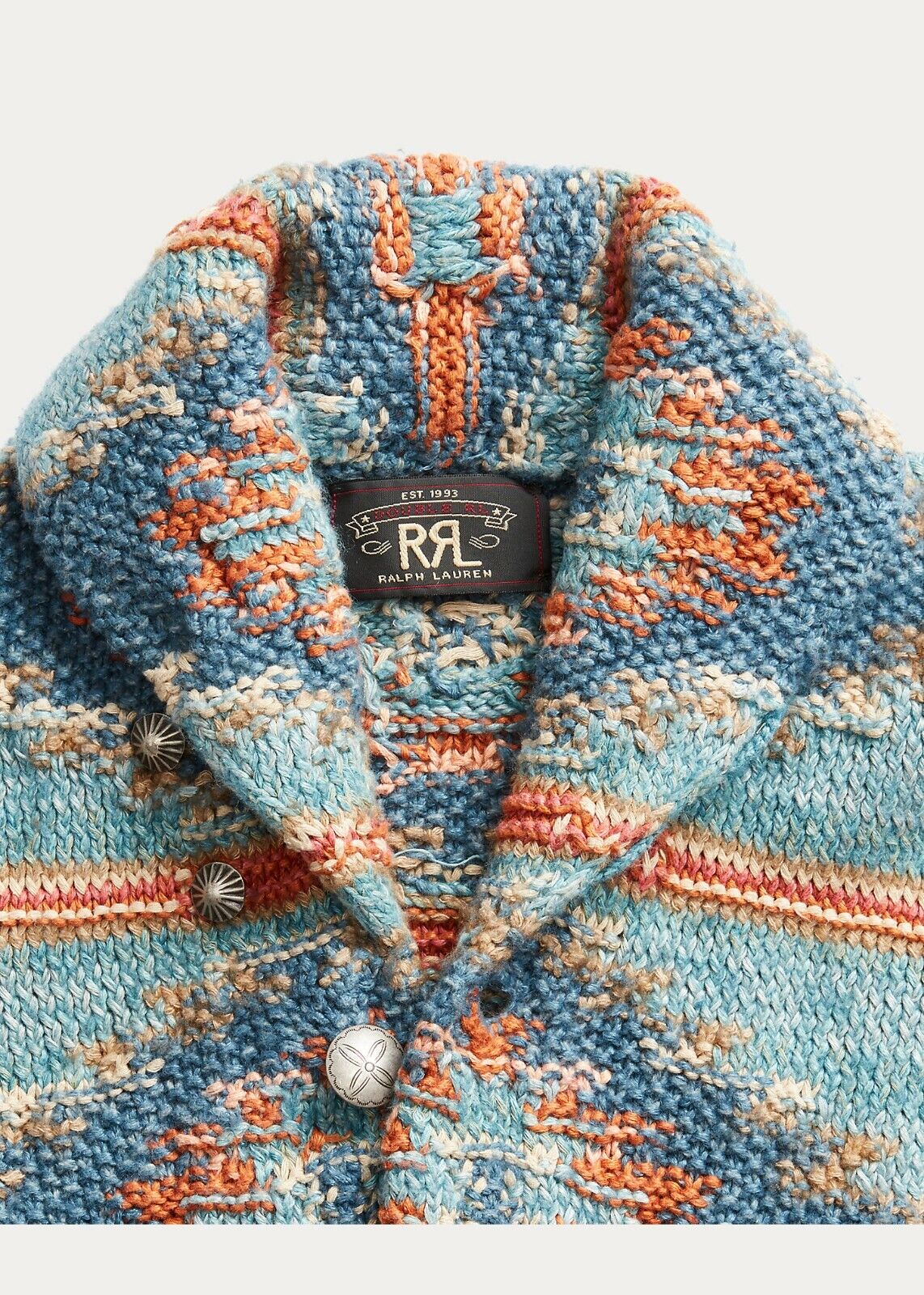 RRL Ralph Lauren Southwestern Blue Hand-Knit Silk Linen Cardigan