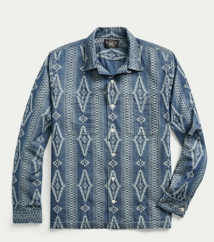 New RRL Ralph Lauren Southwestern Blue Indigo Jacquard Camp Shirt Men's Medium M