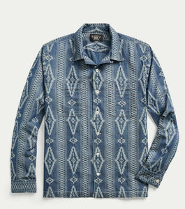 New RRL Ralph Lauren Southwestern Blue Indigo Jacquard Camp Shirt Men's Medium M