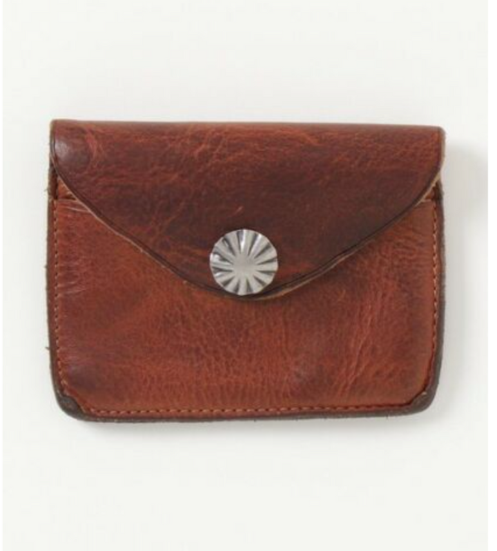 RRL Ralph Lauren Tumbled Leather Card Case Wallet Brown with Metal Concho