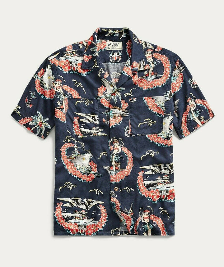 RRL Ralph Lauren 1930's Tropical Blue Hawaiian Camp Navy Shirt XL Extra-Large
