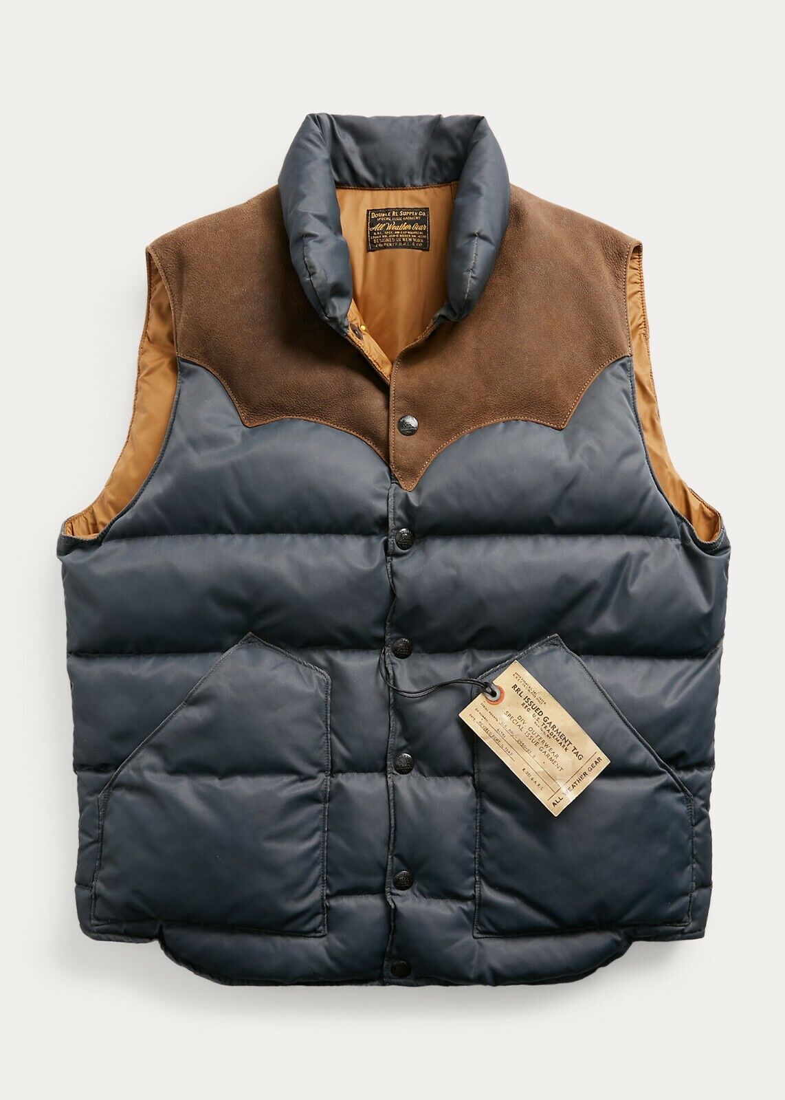 RRL Ralph Lauren Suede-Yoke Quilted Down Vest Jacket Coat