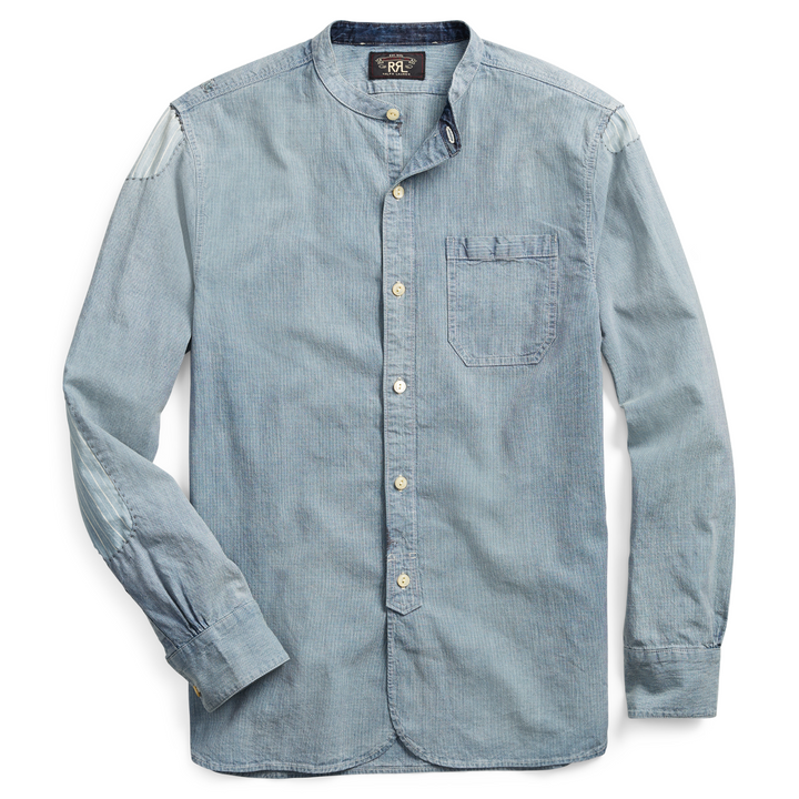 NWT RRL Double RL Patchwork Repair Men's Striped Band Collar Shirt Blue Large L