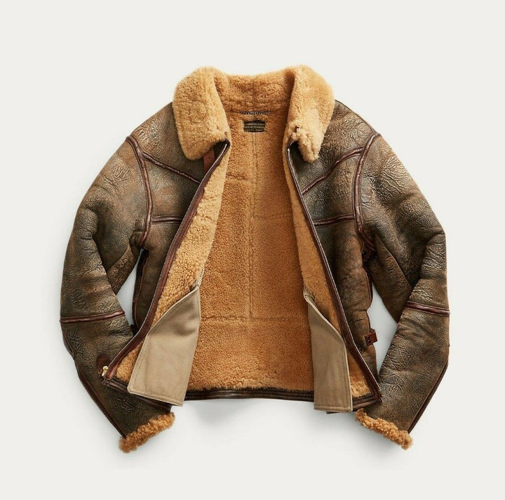 RRL Double RL Ralph Lauren Leather Brown Shearling Military Jacket Men's 2XL XXL