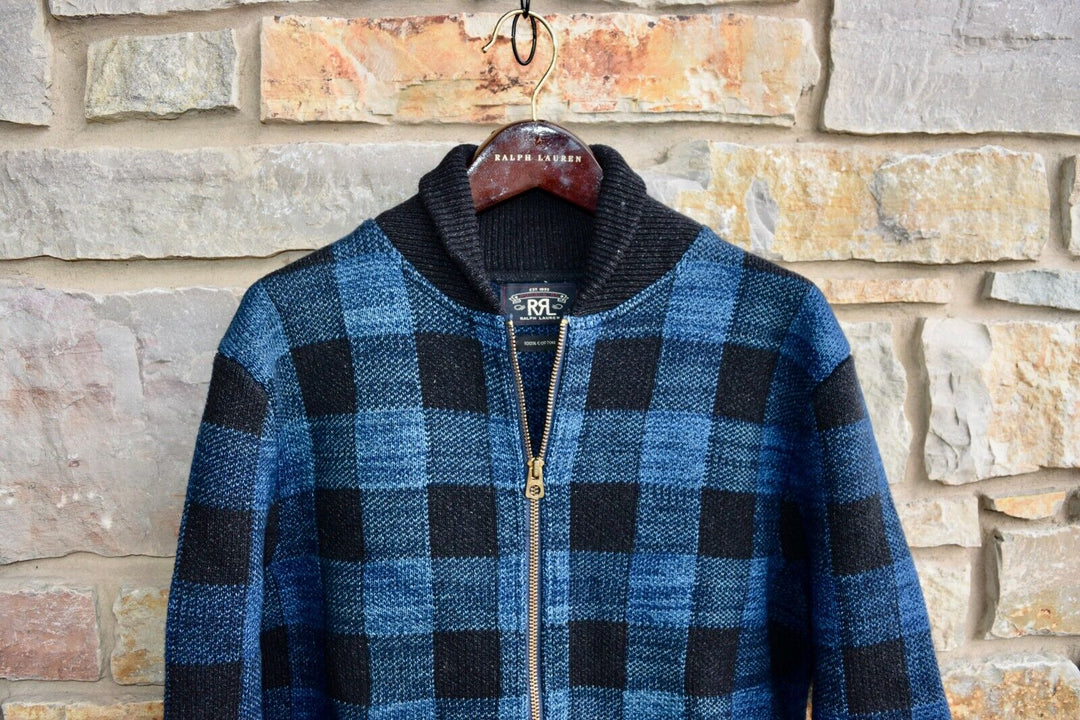 New RRL Ralph Lauren Mockneck Blue Plaid Check Full Zip Jacket Men's Medium M