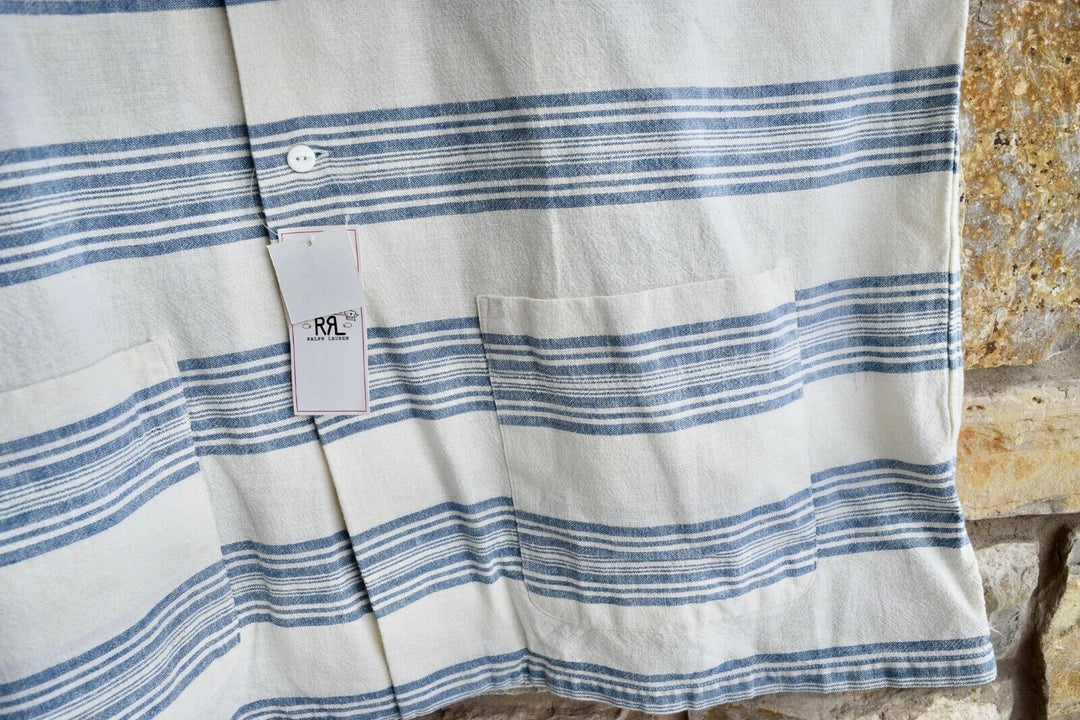 RRL Ralph Lauren 1940's Striped Linen White Blue Camp Shirt Men's 2XL XXL