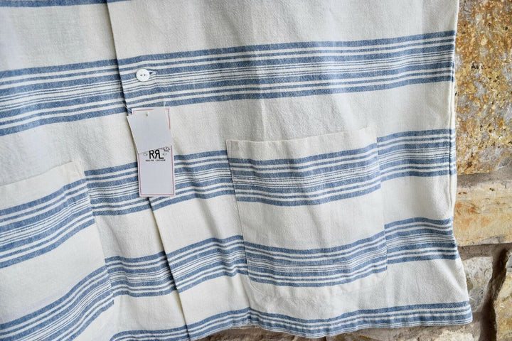 RRL Ralph Lauren 1940's Striped Linen White Blue Camp Shirt Men's 2XL XXL