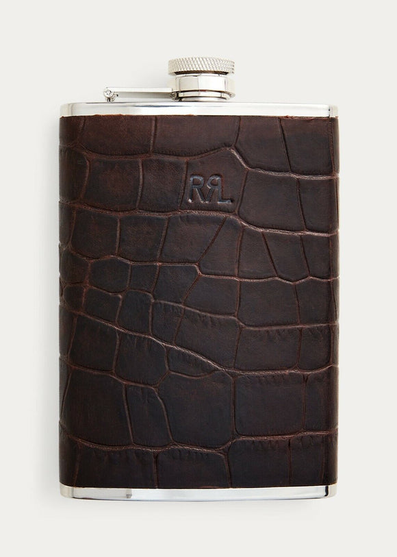 RRL Ralph Lauren Crocodile Embossed Leather Sleeve Stainless Steel Liquor Flask