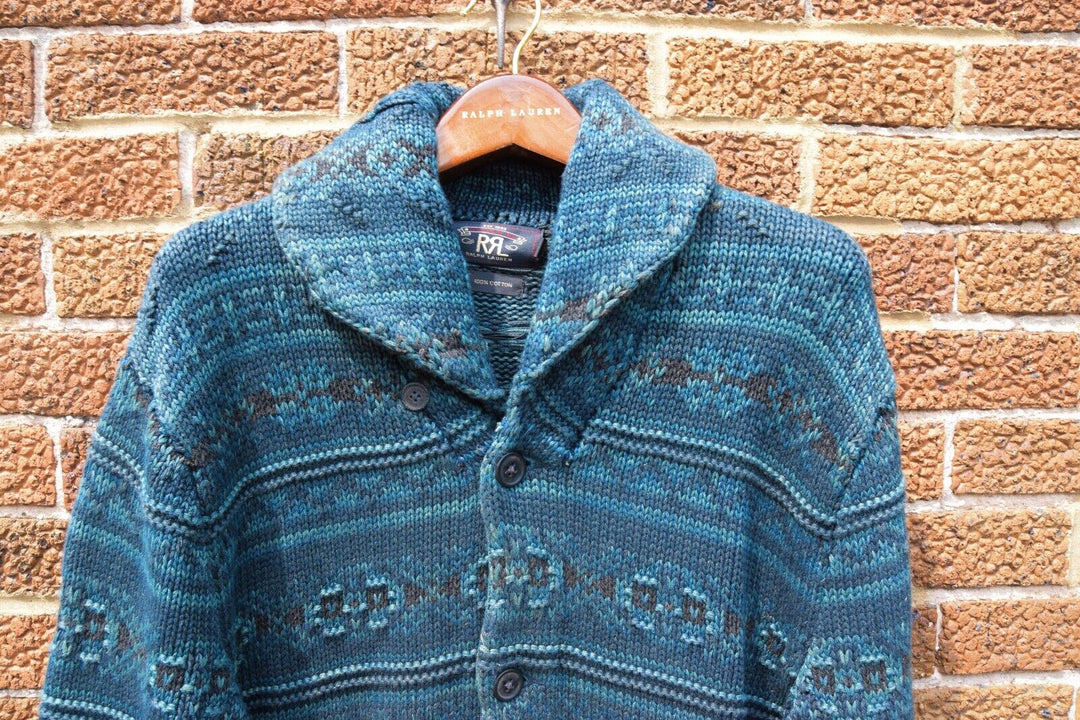 RRL Ralph Lauren Blue Fair Isle Nordic Shawl Cardigan Mens Large L