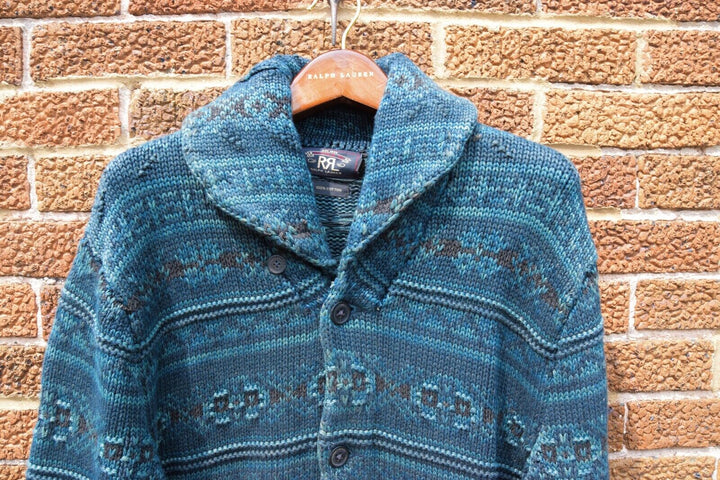 RRL Ralph Lauren Blue Fair Isle Nordic Shawl Cardigan Mens Large L