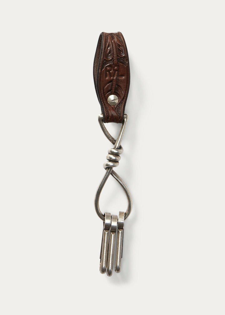 RRL Ralph Lauren Tooled Leather Cowhide Sterling Silver Key Fob Brown New
