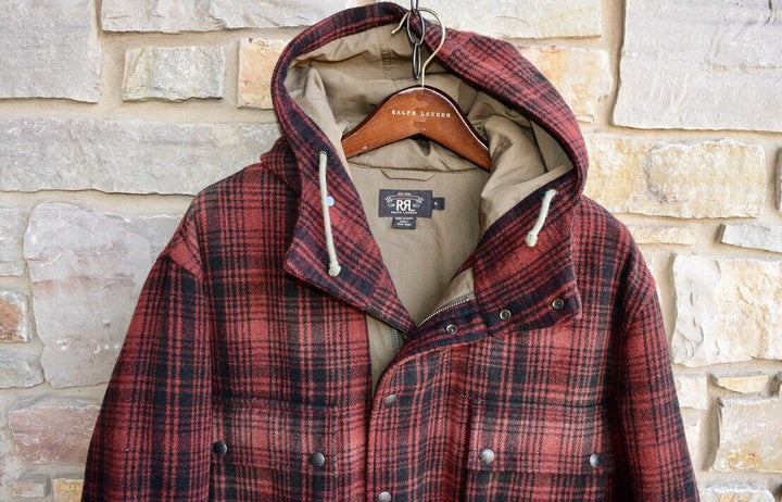 RRL Ralph Lauren Wool Red Black Plaid Hoodie Jacket Manhack Men's Extra-Large XL