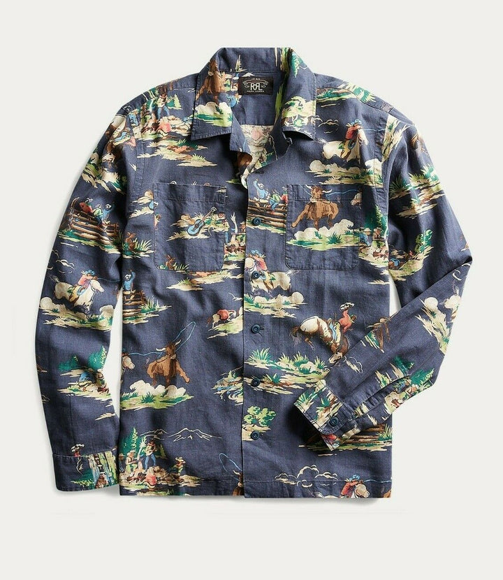 RRL Ralph Lauren Western-Print Cotton-Linen Camp Shirt Men's XL Extra-Large