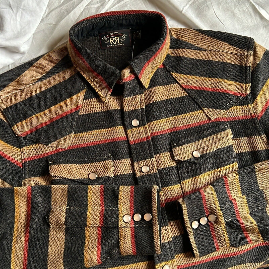 RRL Ralph Lauren Black Striped Western Yoke French Terry Shirt Men's 2XL XXL