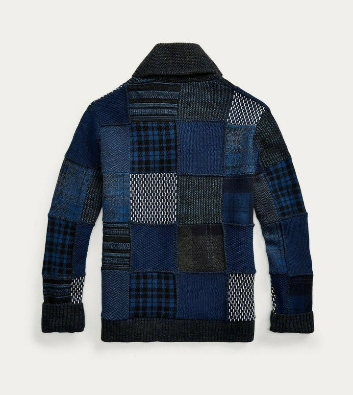 RRL Ralph Lauren Wool Shawl Patchwork Cashmere Blue Cardigan Men Extra-Large XL