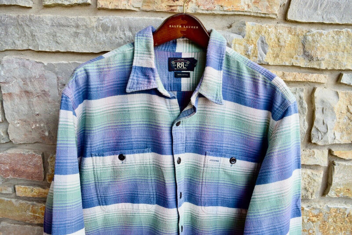 RRL Ralph Lauren Blue Green Striped Serape Shirt Workshirt Flannel Men's 2XL XXL