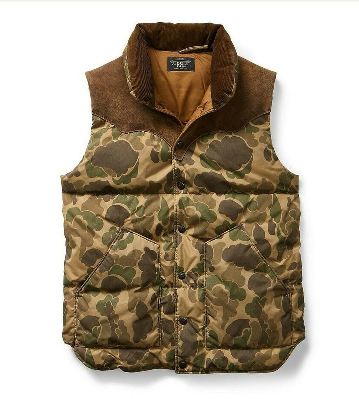 RRL Ralph Lauren Camo Quilted Down Vest Leather Jacket Coat Men's 2XL XXL