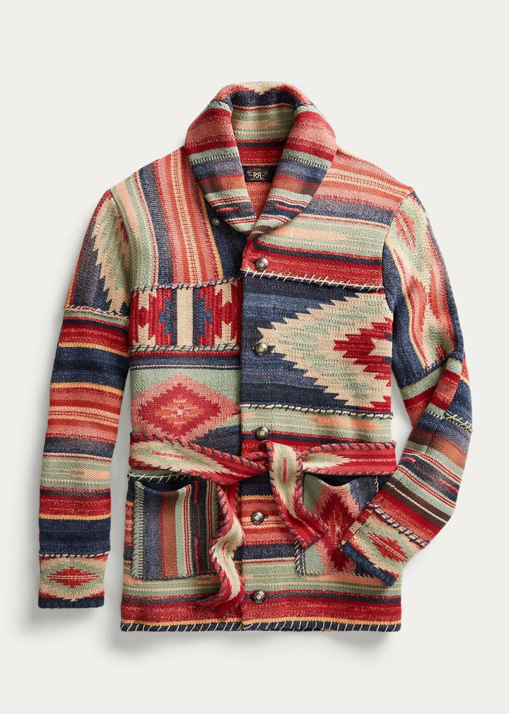 RRL Ralph Lauren Patchwork Linen Wool Cashmere Ranch Belt Cardigan Men's Medium