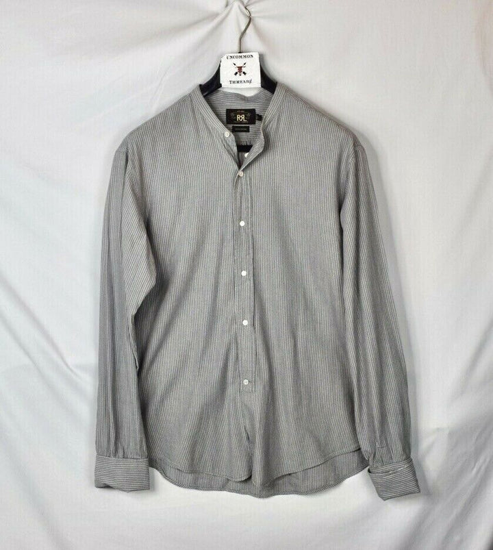 RRL Ralph Lauren Striped Band Collar Button Dress Gray Work Shirt Men's Large L