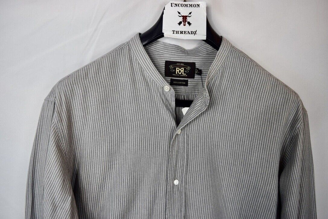 RRL Ralph Lauren Striped Band Collar Button Dress Gray Work Shirt Men's Large L