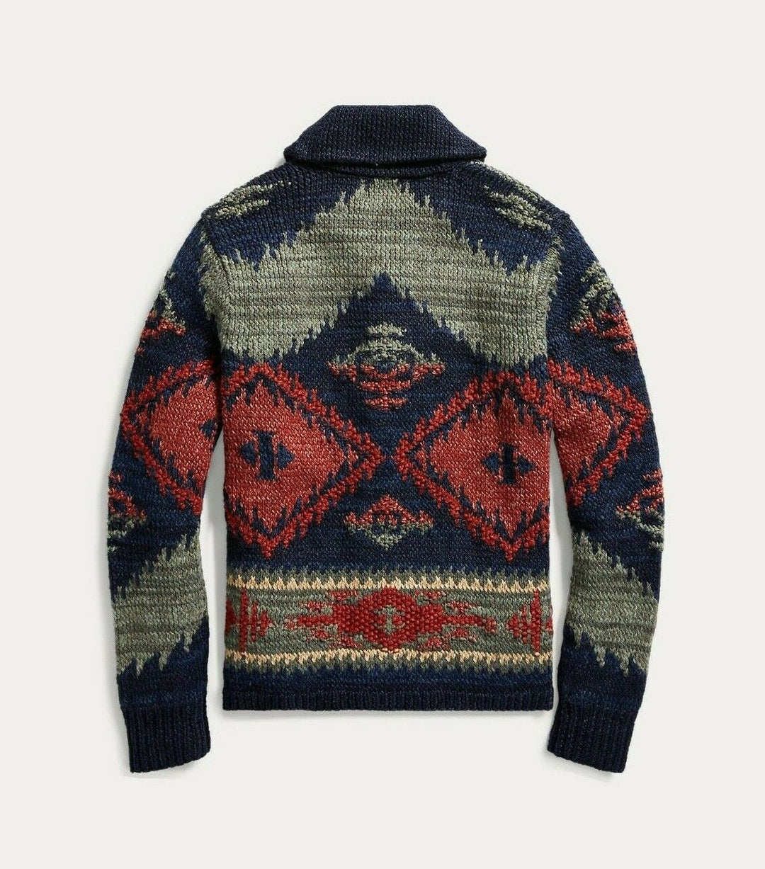 RRL Ralph Lauren Shawl Hand-Knit Geometric Cardigan Beacon Indigo Men's 2XL XXL