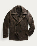 New RRL Ralph Lauren Leather Brown/Gray Peacoat Jacket Coat Lined Men's Small S