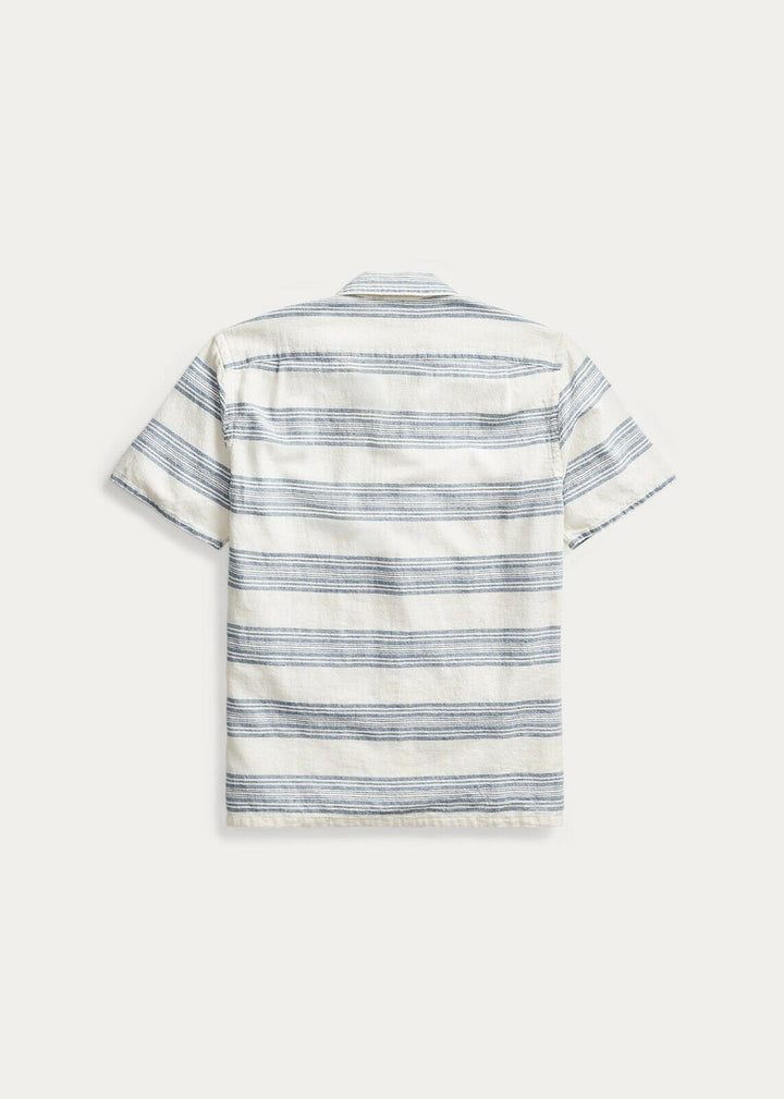 RRL Ralph Lauren 1940's Striped Linen White Blue Camp Shirt Men's 2XL XXL