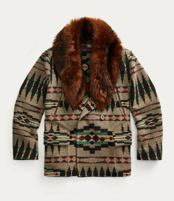 RRL Ralph Lauren Shearling Jacquard Blanket Jacket Suede Trim Men's M Medium