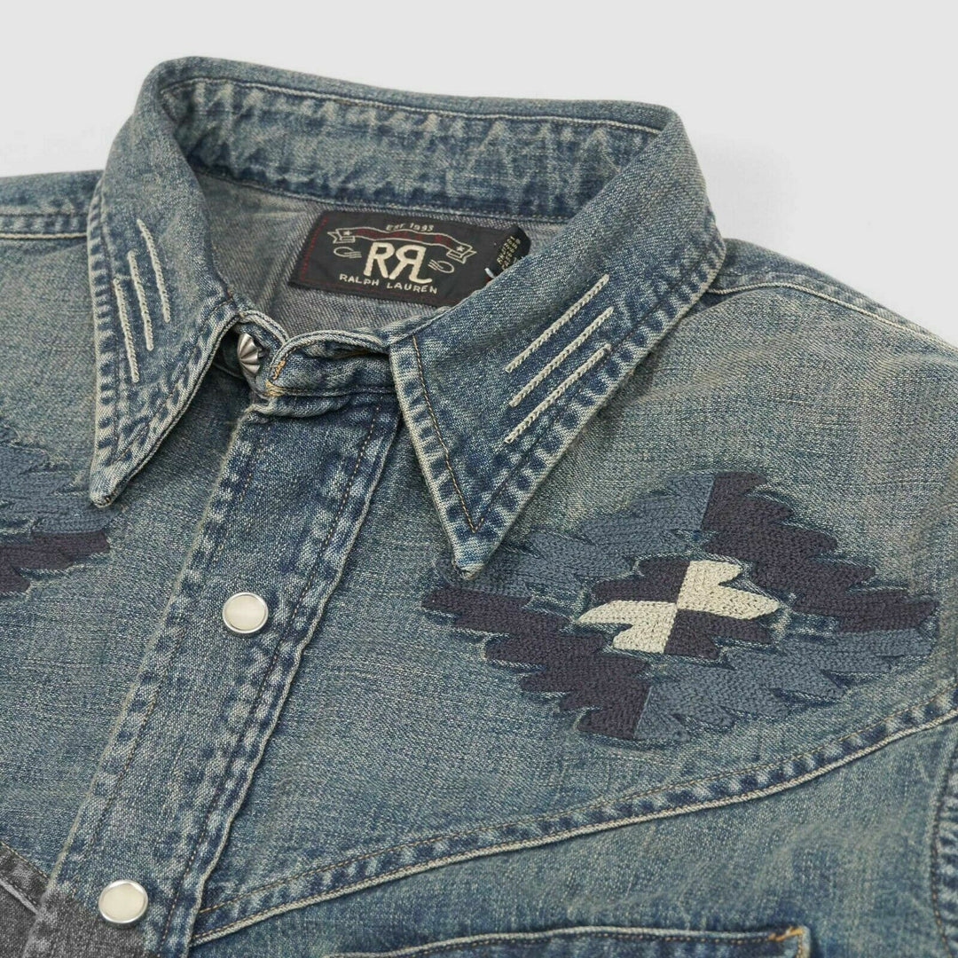 RRL Ralph Lauren Embroidered Japanese Denim Western Shirt Men's M Medium