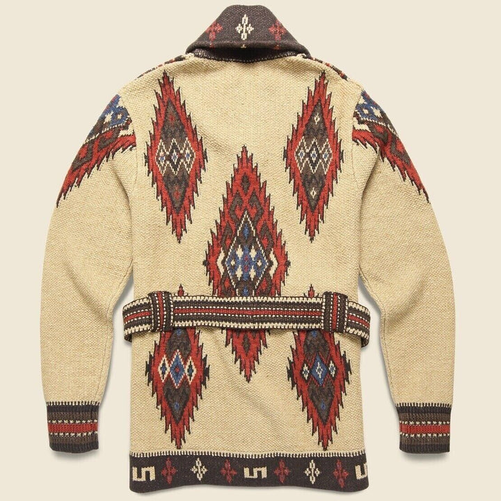 RRL Ralph Lauren Hand Knit Jacquard Brown Ranch Belted Cardigan Men's Medium M