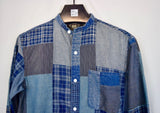 RRL Ralph Lauren Patchwork Banded Flannel Blue Shirt Indigo Plaid Men's Small S