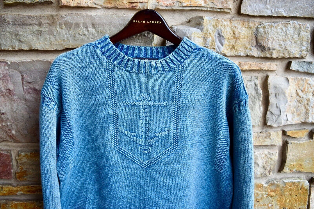 RRL Ralph Lauren Indigo Blue Thick Knit Crewneck Men's Anchor Faded Small S