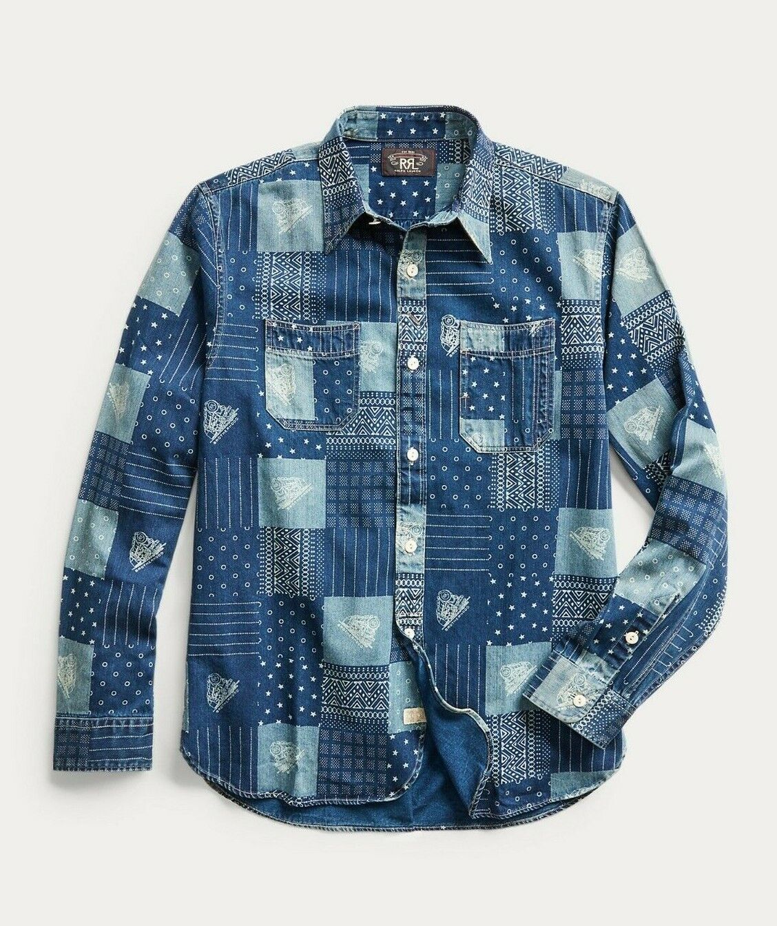 RRL Ralph Lauren Patchwork Print Indigo Blue Workshirt Shirt Mens