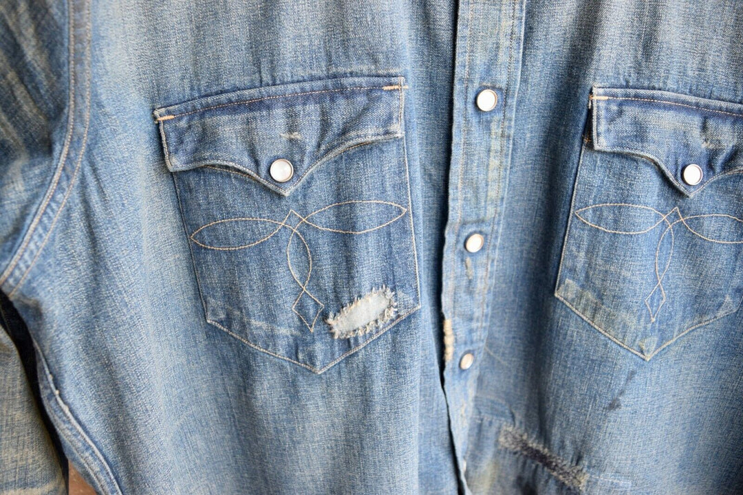 RRL Ralph Lauren Repaired Distressed Destroyed Western Snap Shirt Men's XXL 2XL