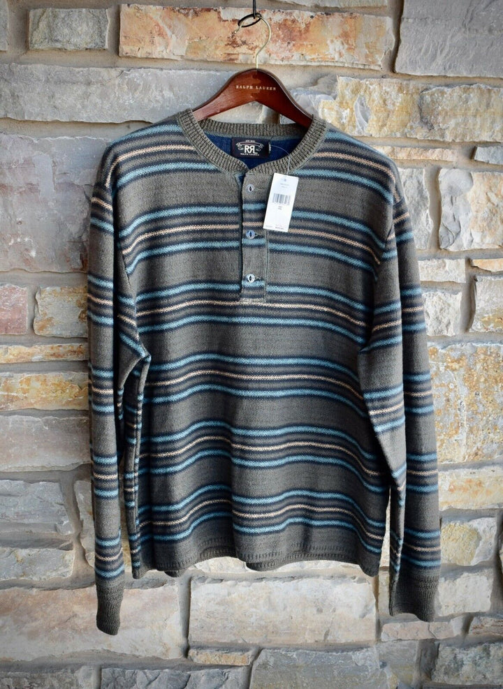 New RRL Ralph Lauren Silk Blend Olive Green Striped Henley Sweater Men's 2XL XXL