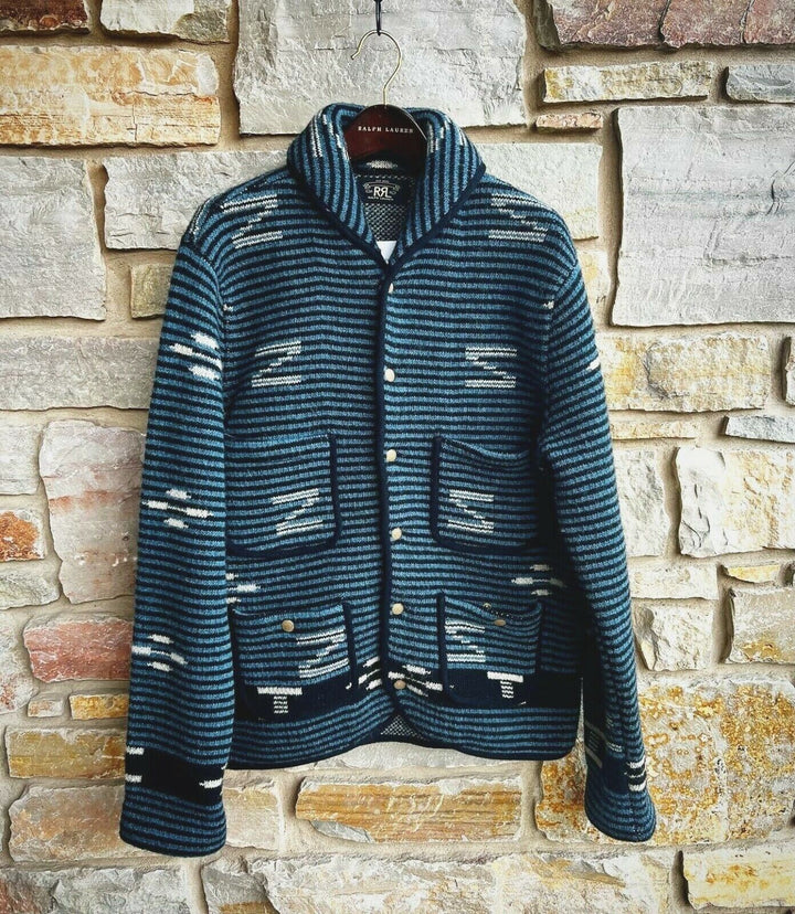 New RRL Ralph Lauren Blue Geometric Rare Shawl Wool-Knit Cardigan Men's Small S