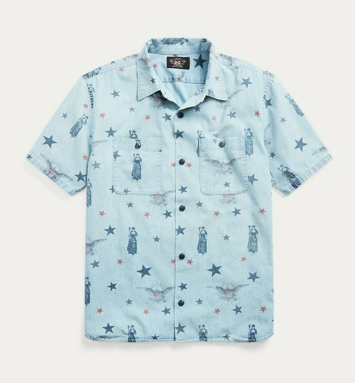RRL Ralph Lauren Vintage Hawaiian Americana Indigo Chambray Camp Shirt Medium M